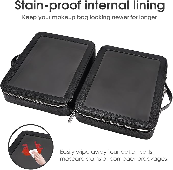 idoltimes Clear Makeup Bag,Large Toiletry Case for Women,PU Leather Travel Cosmetic Bag,Detachable Makeup Case,Double Compartment Make up Organizer