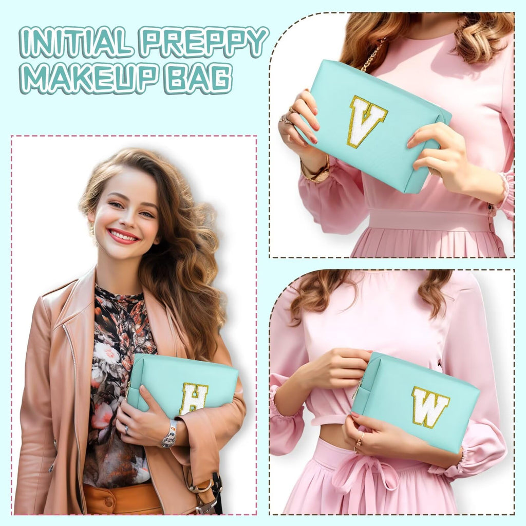 TOPEAST Preppy Patch Makeup Bag, Chenille Letter Pouch Cosmetic Bag, PU Leather Waterproof Toiletry Bag, Personalized Birthday Gift for Women Girl, Cute Stuff for Girls (Blue B)