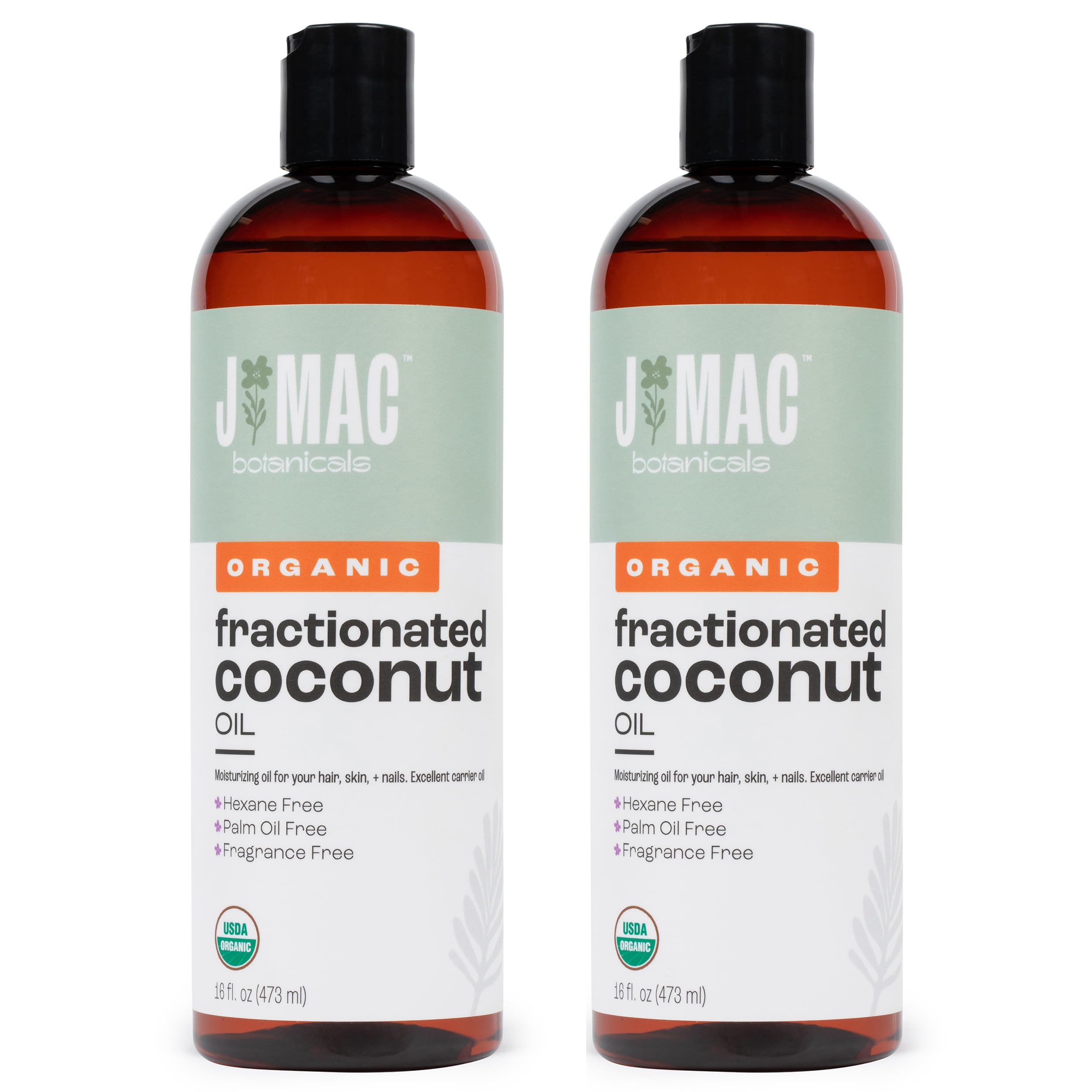 J Mac Botanicals, Organic Fractionated Coconut Oil (32 oz - 2 Pack 16 Ounce Bottles) Carrier Oil for diluting Essential Oils, Hair and Skin Conditioner, Massage