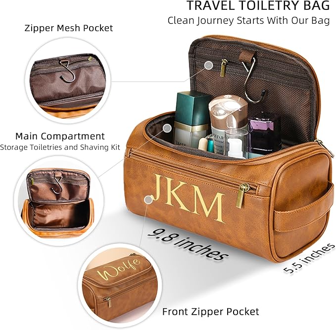 Personalized Toiletry Bag for Men, Engraved Name Initials Toiletry Bag, Customized Monogram Travel Shaving Dopp Kit for Groomsmen, Gift for Christmas, Birthday, Dad, Husband, Grandpa - Black