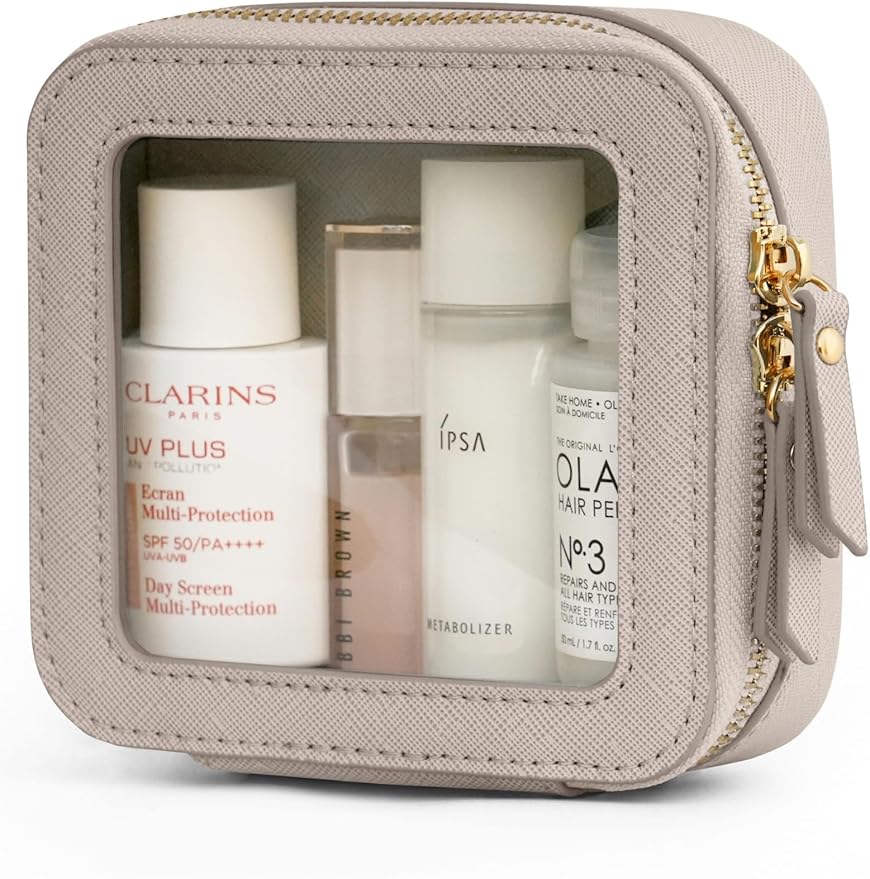 Popvibe Clear Makeup Bag Travel Cosmetic Case Toiletry Bag with Zipper Make Up Organizer Traveling Compact Car Bag Stone Mini