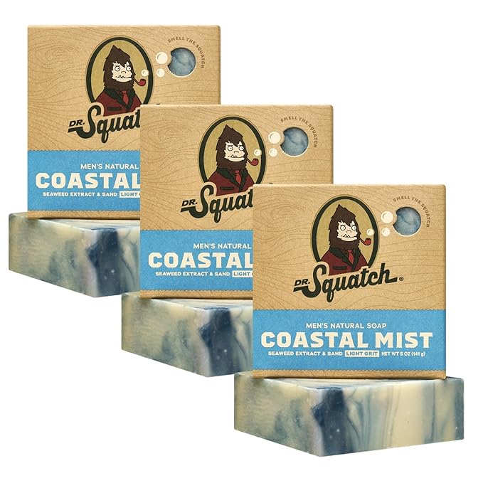 Dr. Squatch Natural Men’s Bar Soap - Cold Process Body Soap Bar with Natural Oils - Gifts for Men - Coastal Mist (5 oz, 3-Pack)
