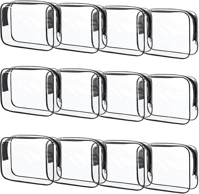 Eilyliafe 12 Pcs Clear Makeup Bag PVC Waterproof Zippered Clear Cosmetic Toiletry Makeup Carry Pouch for Women Men Vinyl Plastic Organizer Case for Vacation Bathroom (Small, Black)