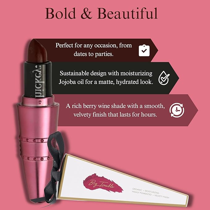Hickey Refillable Pendant Lipstick, Big Trouble[Berry Wine] – Wearable Satin Lip Color on a Chain, Refillable Clean Beauty, Full Lipstick Included