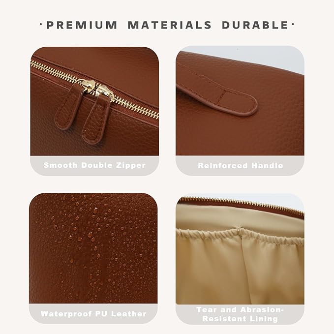 JINYIBAGS Travel Makeup Bag – Large Cosmetic Organizer with Waterproof PU Leather, Smooth Double Zipper & Tear-Resistant Lining, Toiletry Pouch for Women (Brown)