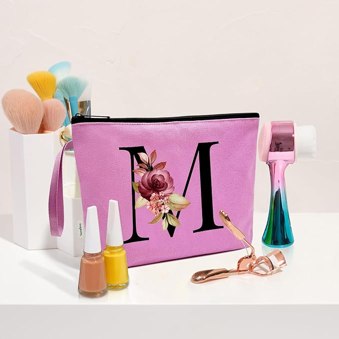 Vavabox A-Z Personalized Makeup Bag, Birthday Gifts for Women Mom, Gifts for Best Friend, Bride Bridesmaid Cosmetic bag (M, 07-Purple)