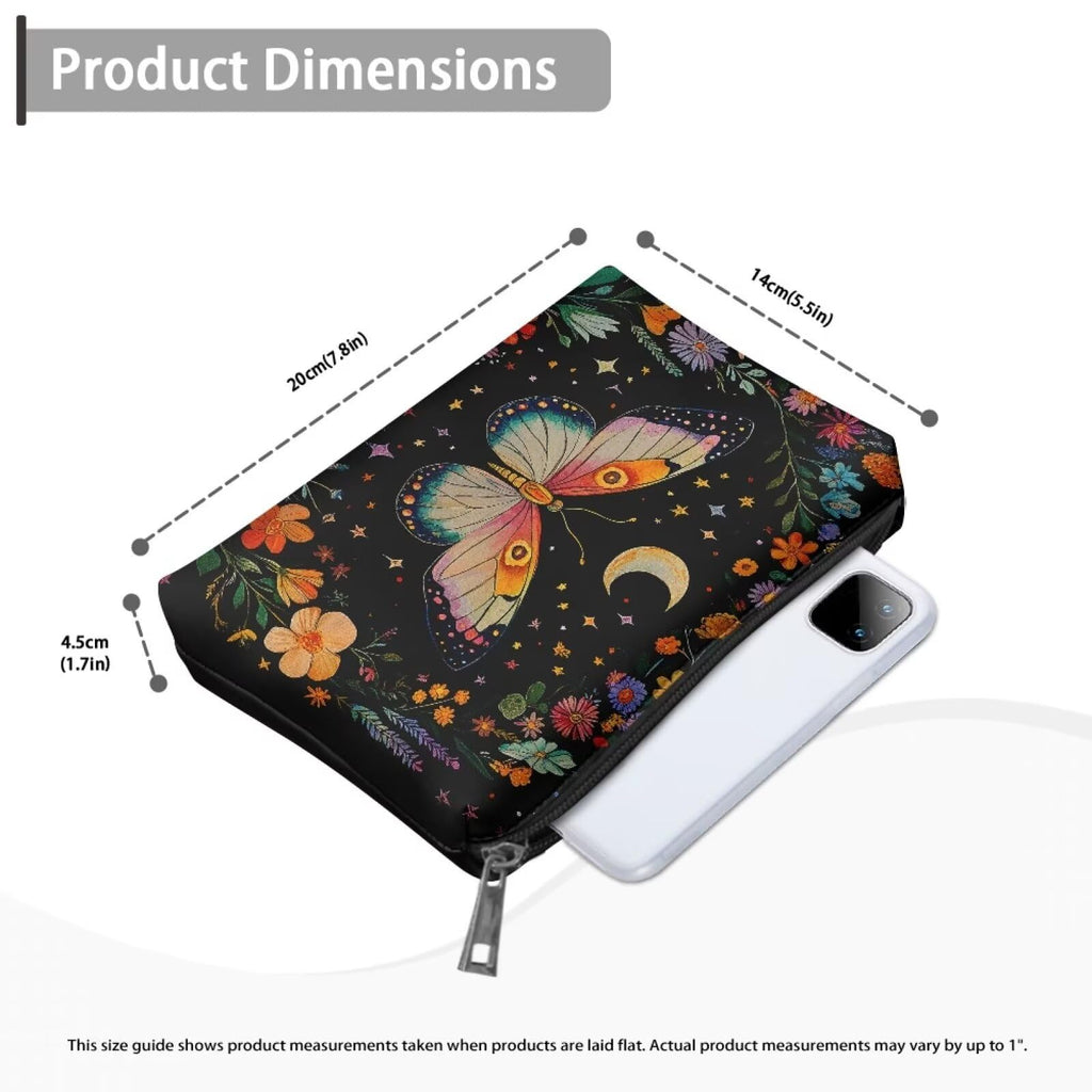 COEQINE Gothic Cosmetic Purses Leather Case for Women Trendy Butterfly Moon Goth Cosmetic Bags for Women Travel Black Floral Makeup Organizer Pouch With Zipper
