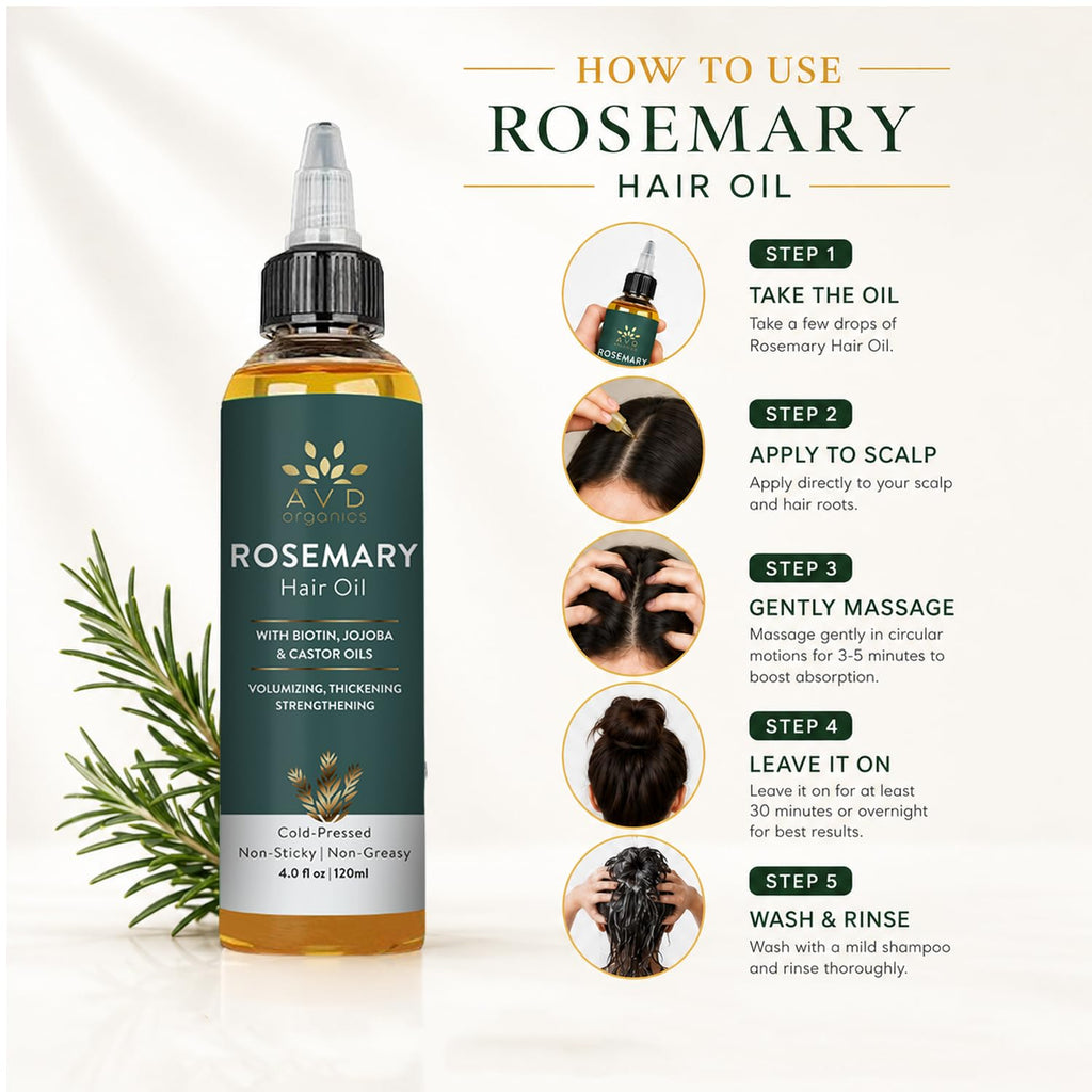 AVD ORGANICS Rosemary Oil for Hair Growth & scalp | Infused with Biotin | Hair Strengthening, Nourishing and Volumizing | infused with Jojoba & Castor Oil | NON - GMO 120ml