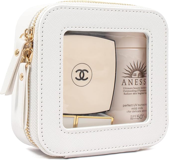 KOTORA Small Makeup Bag for Purse Sunscreen Travel Makeup Bag Clear Cosmetic Bag with Zipper, Car Make Up Bag Organizer Storage Traveling Car Accessories Travel Essentials for Women (Mini White)