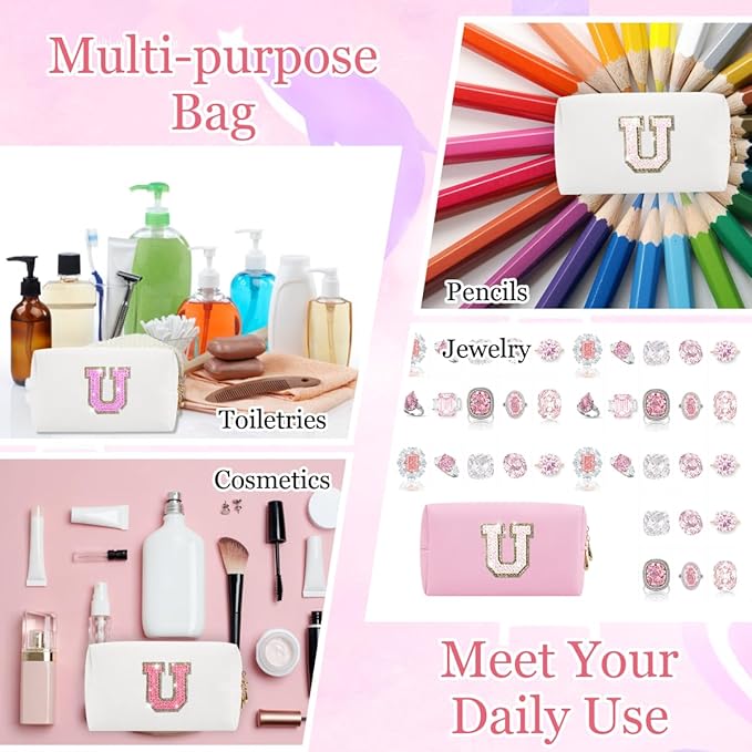 Small Personalized Glitter Initial Letter Makeup Bag, Cute PU Leather Chenille Letters Cosmetic Bag Travel Makeup Pouch, Preppy Travel Organizer Zipper Pouch for Women&Girls（White-U）