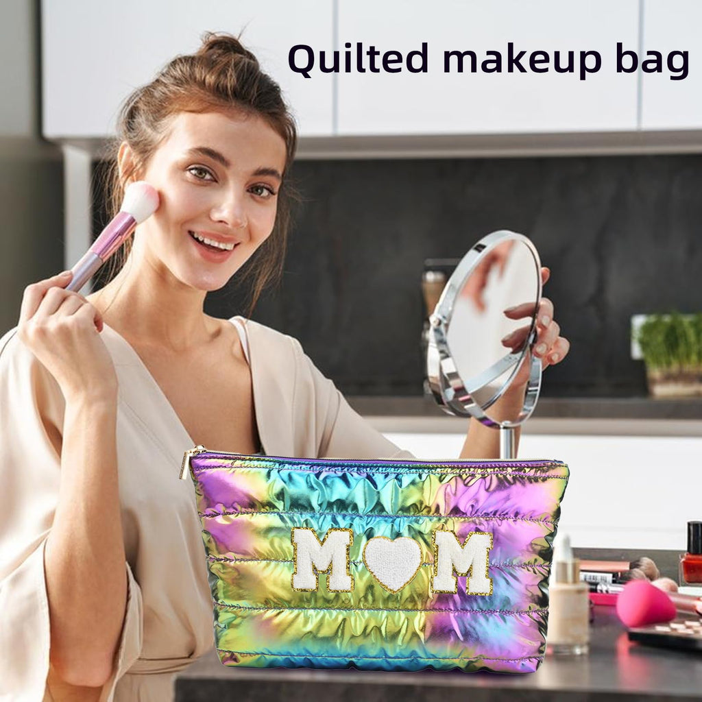 Hiroyuki 3pcs Iridescent Quilted Makeup Bag (ILOVEUMOM, rainbow)