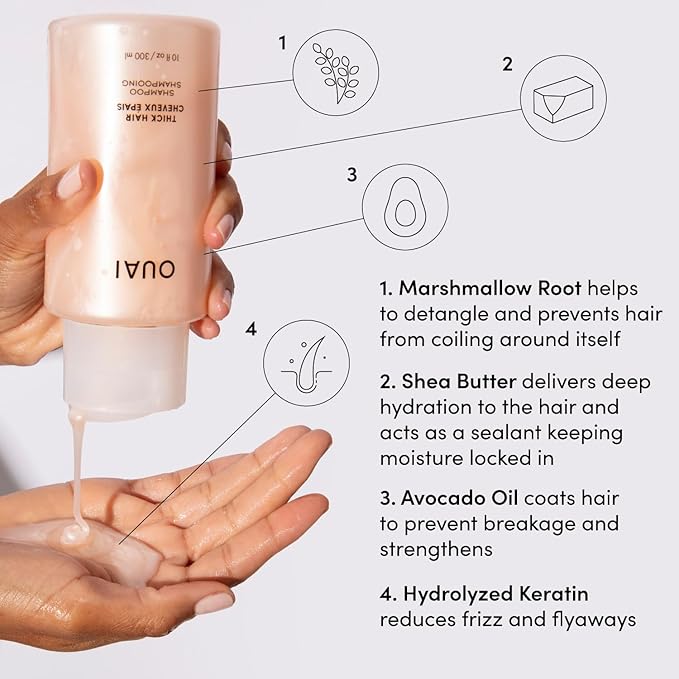 OUAI Thick Hair Shampoo - Hydrating Shea Butter Shampoo for Full, Frizzy Hair - Deeply Moisturizing, Detangling, Split Ends - Marshmallow Root, Avocado Oil & Keratin - Sulfate Free 10 Oz