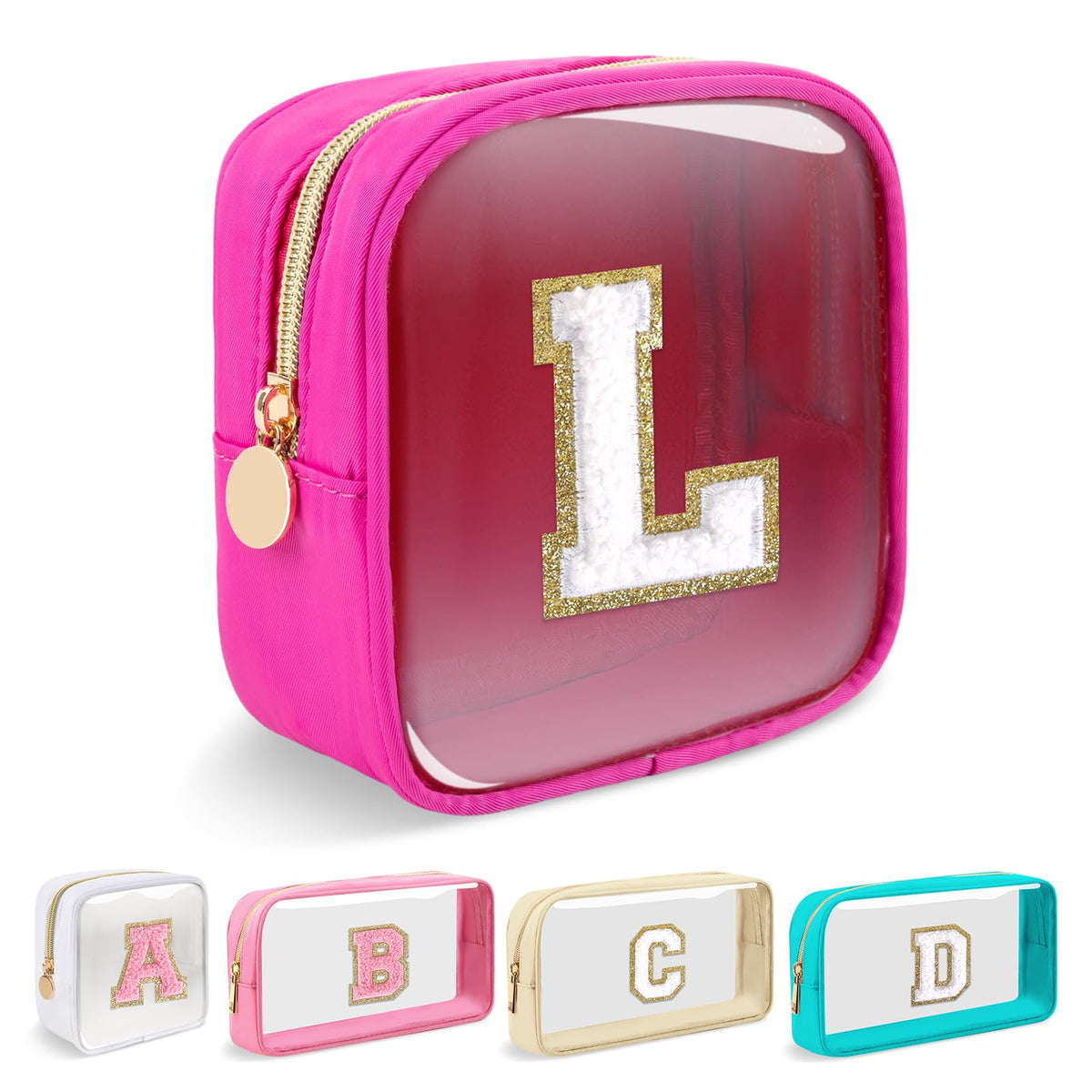 Small Clear Personalized Initial Makeup Bag,Nylon Preppy A-Z Chenille Letter Patch Cosmetic Pouch Beach Toiletry Bag,Waterproof Zipper Travel Purse Storage Bag Organizer for Women Girls(Beige-White L)