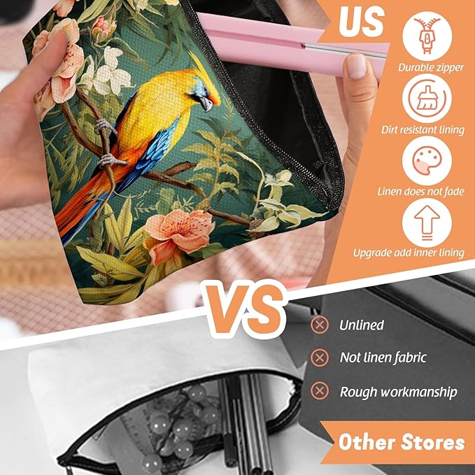 Scribesense Makeup Bag Travel Cosmetic Bags Small Makeup Case Waterproof Zipper Pouch for Women Girls 7X9inches - Colorful Bird on A Branch with Tropical Flowers