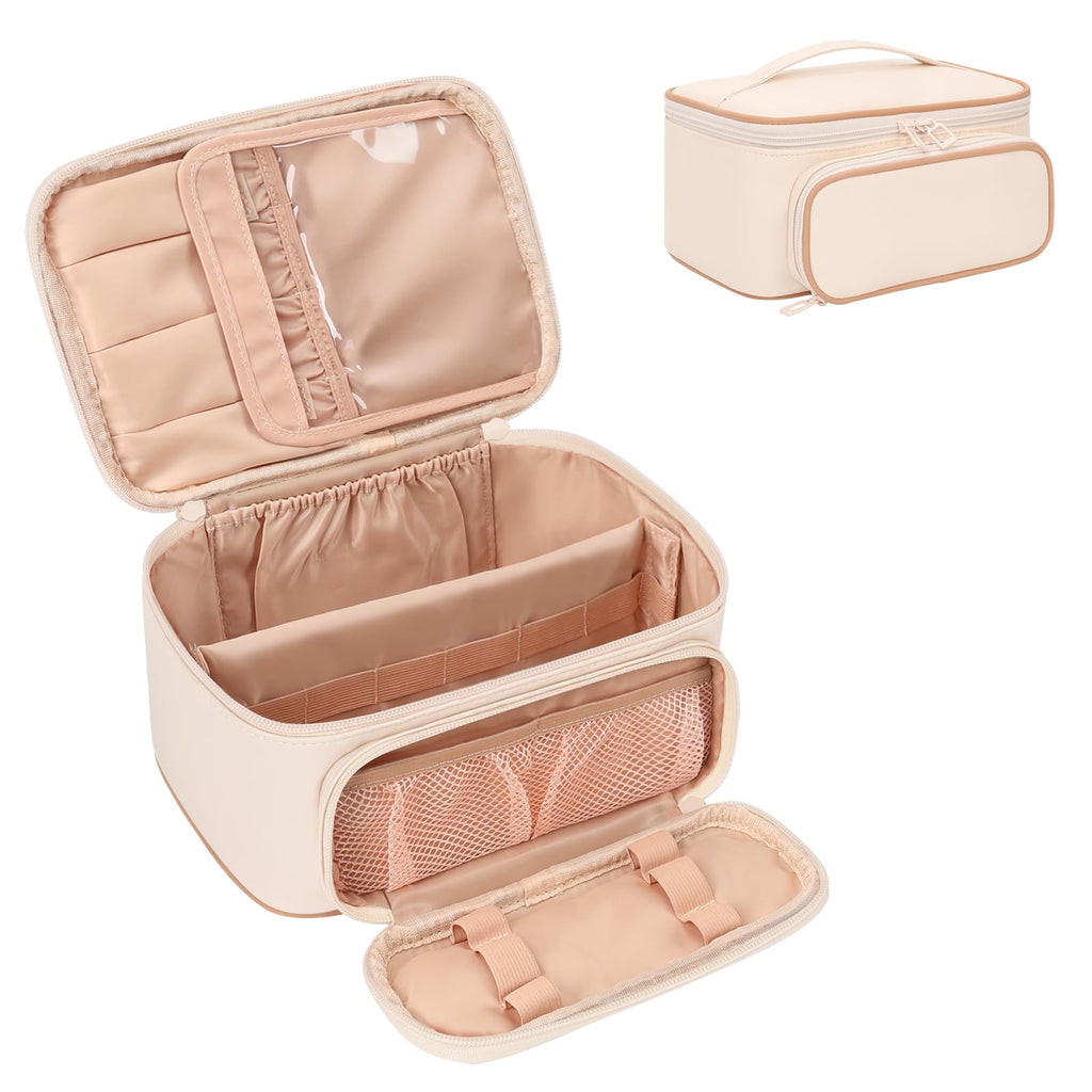 OCHEAL Makeup Bag, Multifunctional Large Cosmetic Organizer Toiletry Brushes Storage Case for Women Girls with Handle Divider - Beige