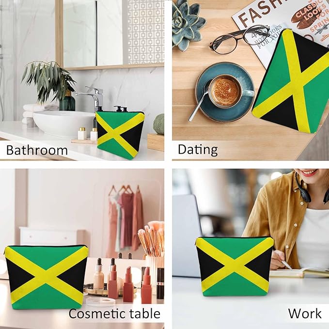 Kalygon Women Cosmetic Bag Jamaica Flag, National Jamaica Flag Cute Makeup Bag For Purse Cosmetic Travel Bag For Toiletries Makeup Storage Bag Flax Skincare Bag Makeup Pouch Bags Green