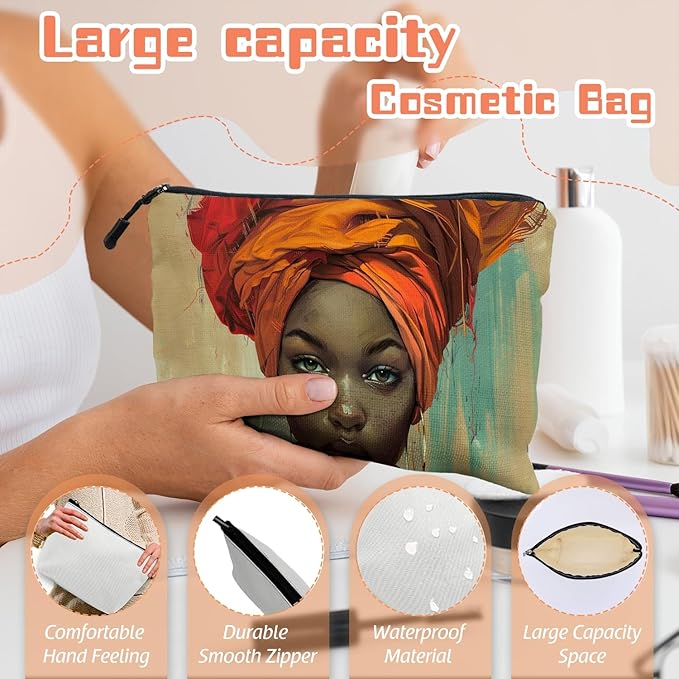 Scribesense Cosmetic Bags Travel Makeup Toilet Case Waterproof Pouch for Women Girls 6.7X9.45inches - Orange Turban And The Intense Gaze of A Lady