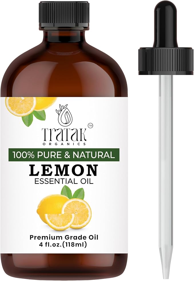 TRATAK ORGANICS Lemon Essential Oil with Glass Dropper - Huge 4 Fl Oz - 100% Pure and Natural Lemon Oil - Premium Grade Essential Oils for Diffuser, Aromatherapy, Soap and Candle Making