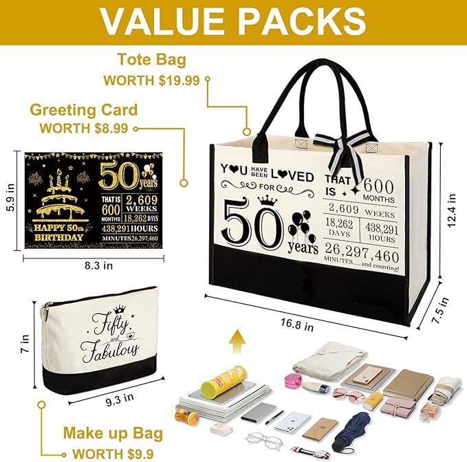 50th Birthday Gifts for Women, 50 & Fabulous Canvas Tote Bag and Makeup Bag