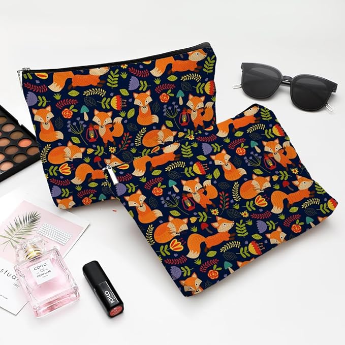 Givotin Small Makeup Bag for Purse Cute Canvas Waterproof Cosmetic Bags for Women Zipper Travel Toiletry Pouch-Fox Makeup Bags