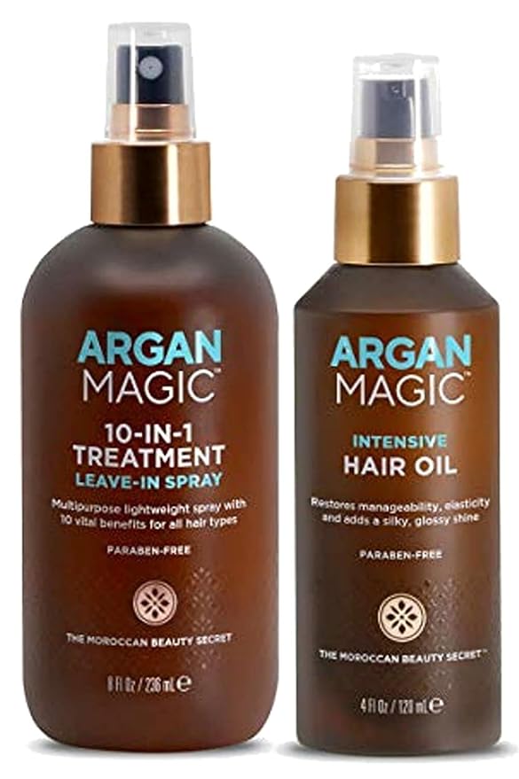 Argan Magic 10 in 1 Treatment Stylizing Spray + Intensive Hair Oil Combo Pack – Multipurpose Leave in Spray for all Hair Types | Hydrating | Paraben Free | (8 oz / 4 oz)