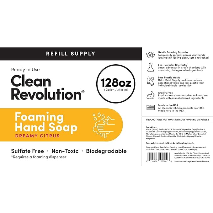 Clean Revolution Foaming Hand Soap Refill with Real Essential Oils, Moisturizing Sulfate-Free Hand Soap, Ready-to-Use Foam Soap Refill for Kitchen & Bathroom, Dreamy Citrus (128oz, 4 Pack)