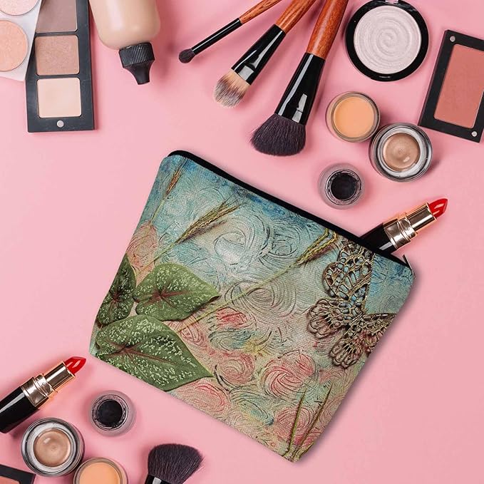 Kalygon Women Cosmetic Bag Butterfly, Pond Green Leaves Floral Butterflies Cute Makeup Bag For Purse Cosmetic Travel Bag For Toiletries Makeup Storage Bag Flax Skincare Bag Make Up Pouch Bags