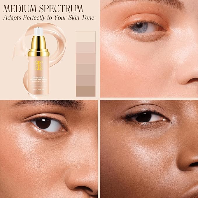 Colour Changing Foundation Liquid 4 in 1, Foundation for Older Women, Hydrating Longwearing & Waterproof Concealer, SPF 50+ Makeup Base Nude Face, Foundation Medium Spectrum for all Skin