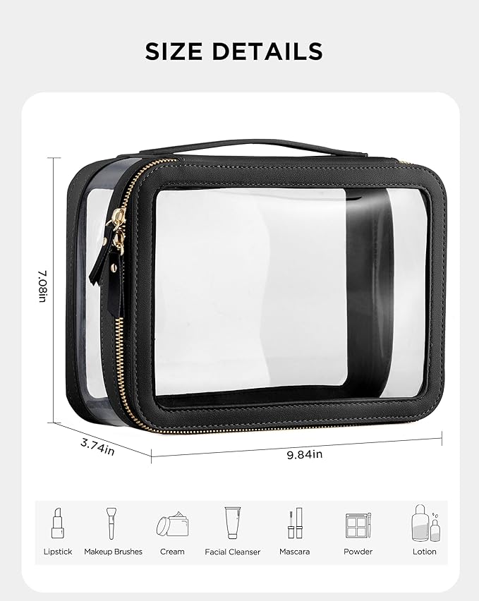 Vorey Large Clear Makeup Bag for Women, Portable Travel Makeup Bag Organizer Waterproof Toiletry Bag Cute Makeup Bags Cosmetic Bag Makeup Pouch, Black