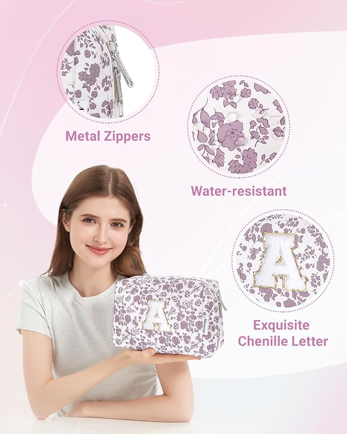 Narwey Initial Makeup Bag, Graduation Gifts for Teen Girls kids Tween, Trendy Stuff 6-18 Years Old, Personalized Travel Cosmetic Bag, Birthday Teacher Bridesmaid Mom Gifts for Women (Pink Flower A)