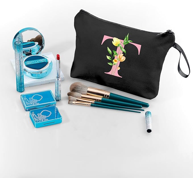 A-Z Bridesmaid gifts for Women, Small Initial Makeup Bag with Mirror, T