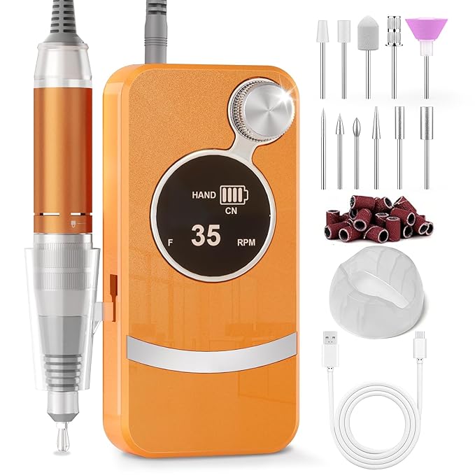Electric Nail Drill Professional, Portable Rechargeable 35000 RPM - Cordless Electric Nail File Machine Kit for Acrylic Gel Polishing Removing, Manicure at Home DIY & Salon (Orange)