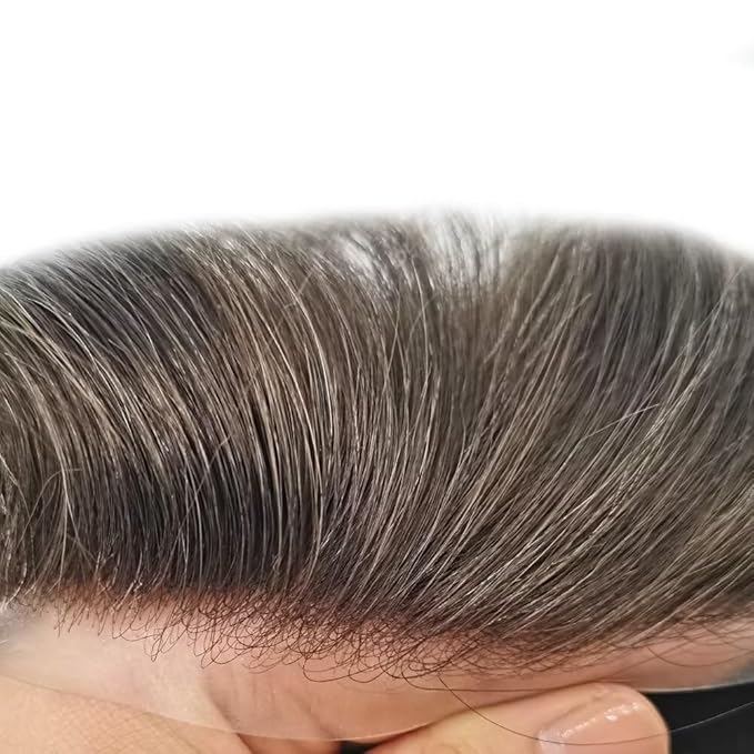 FACE MIRACLE Mens Toupee Lace Front Hairpieces Soft Human Hair Replacement System Toupee for Men French Lace Poly V-Looped Mens hair Units 6"X8" #320 3# DARK BROWN WITH 20% SYNTHETIC GREY