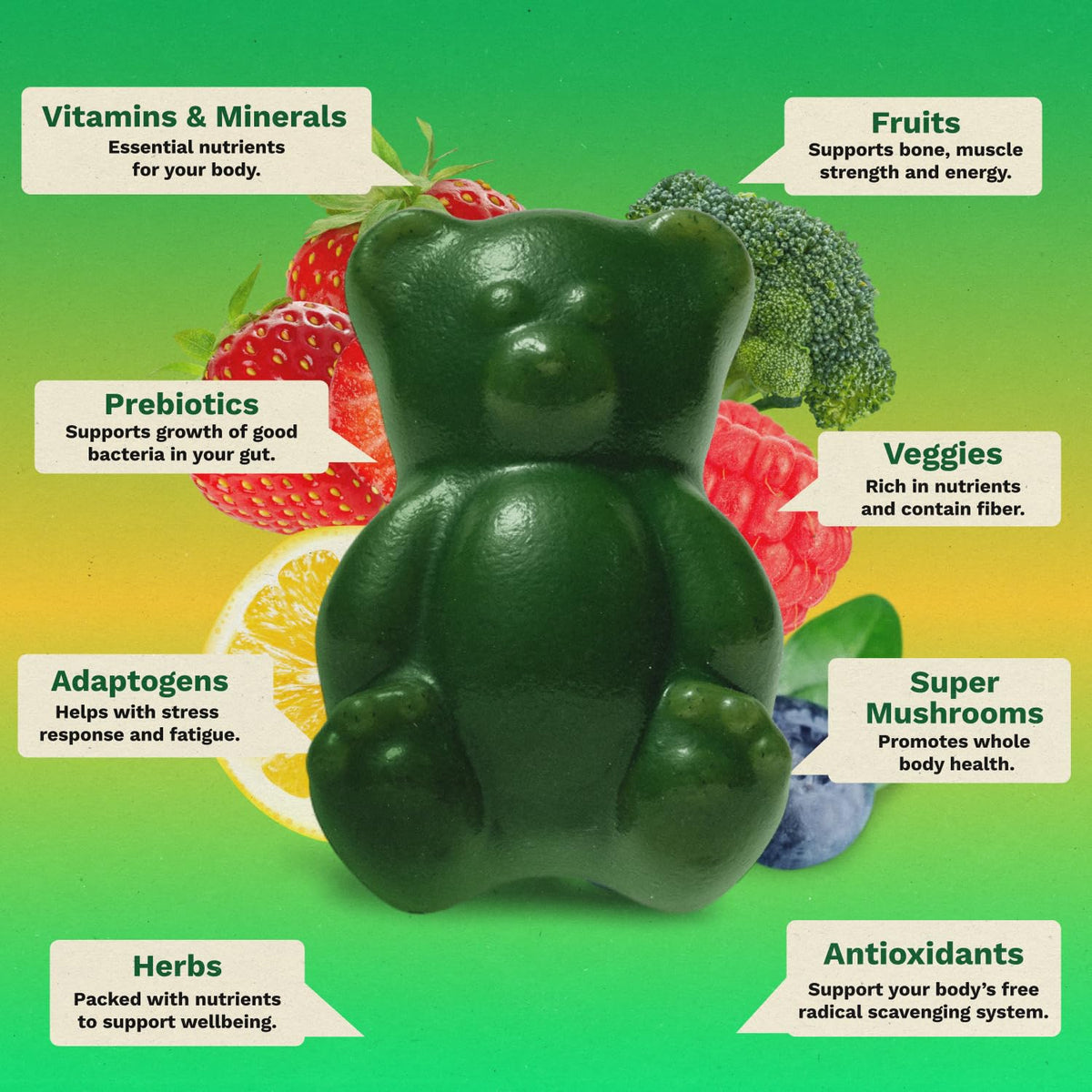 Gruns Adult Greens Gummies & Daily Multivitamin, Prebiotic Fiber, 28 ct