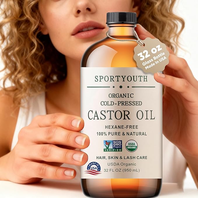 SPORTYOUTH Organic Castor Oil Cold Pressed 32oz Glass Bottle Big Volume
