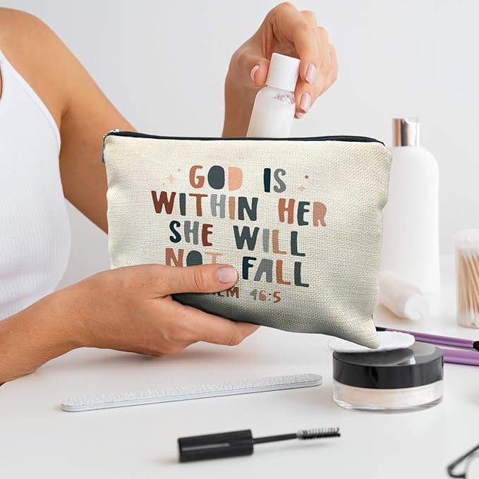 RYYCDOI God is Within Her She Will not Fall Cosmetic Bag, Christian Gifts for Women, Bible Verse Gifts, Christian Makeup Bag, Religious Gifts for Christian Woman Cosmetic Bag Toiletry Bag