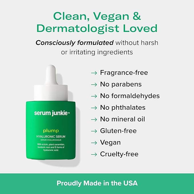 PLKYYLIH Serum Junkie Plump Hyaluronic Acid Serum with 5D Hyaluronic Complex, Ectoin, Plant Ceramides, Vitamin B5 and E, Deep Hydration, Strengthens and Supports Skin Barrier, Fragrance-Free, 1 fl oz