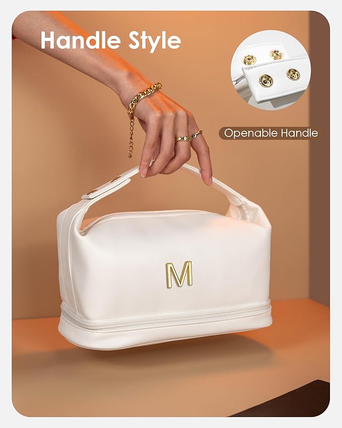 Personalized Friend Gifts, Initial Large Makeup Bag, Personalized Double Layer Cosmetic Bag with Makeup Brush Organizer, Waterproof, Large Capacity PU Leather Toiletry Bag，Teacher Gifts