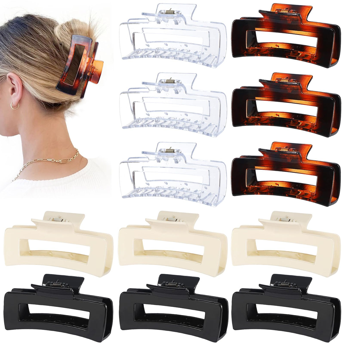 Sisiaipu 4.1 Inch Large Hair Claw Clips 12 Pcs Big Claw for Thick Hair Square Hair Clips Jumbo Jaw Clips Bulk Hair Accessories for women and Girls (Black)