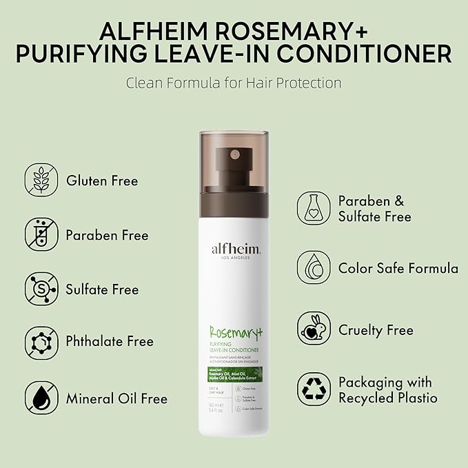 ALFHEIM Rosemary+ Purifying Leave-In Spray Conditioning & Refreshing Spray for Oily & Fine Hair with Rosemary, Peppermint & Jojoba Oils – Mist – Lightweight, Smooths & Revives – 5.4 oz / 160 ml
