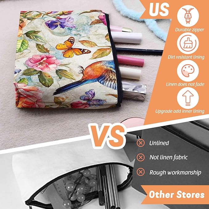 Scribesense Cosmetic Bags Travel Makeup Toilet Case Waterproof Pouch for Women Girls 6.7X9.45inches - Whimsical Flower - Bird - Butterfly World