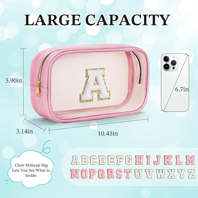 YOOLIFE Initial Birthday Gifts for Women Girl Teacher Appreciation Gifts for Teacher Women Birthday Gift for Kids Girls | Clear Makeup Bag Initial Pouch Travel Toiletry Bag | Cosmetic Bags Pink M