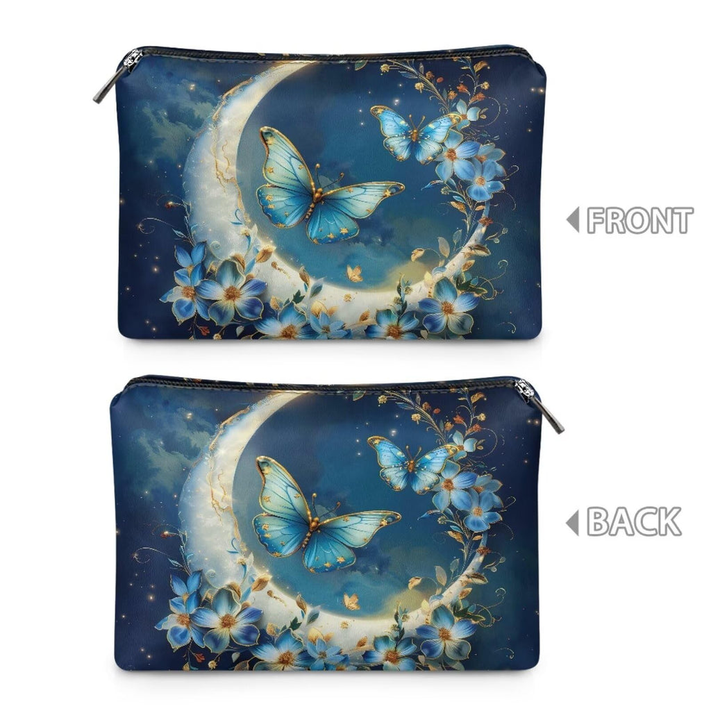 COEQINE Travel Makeup Bag for Women Large Leather Cosmetic Bag with Moon And Butterfly Gothic Makeup Case for Ladies Wallet Handbag