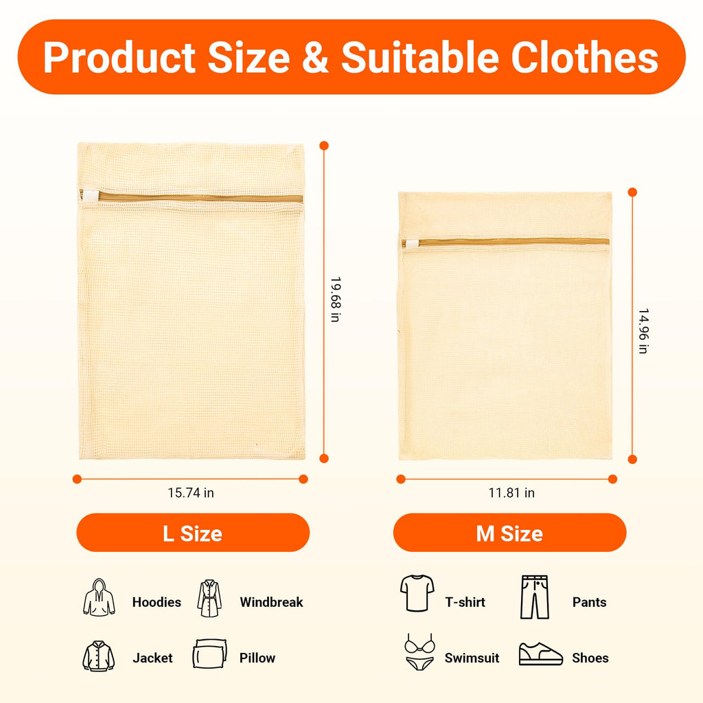 6Pcs Organic Cotton Mesh Laundry Bags for Delicates, Durable Mesh Wash Bags, Sturdy Zipper Laundry Bag for Underwear, Clothes, Shoes, Socks, (3 Large, 3 Medium)