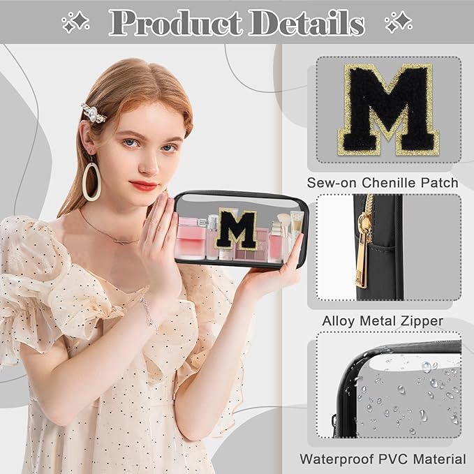 UIXIZQ Personalized Initial Letter Clear Makeup Bag,Preppy Small Nylon&PVC Cosmetic Zipper Bag with Chenille Letter,Travel Skincare Toiletry Bag,Monogram Christmas Gift for Teen Girls Women,M