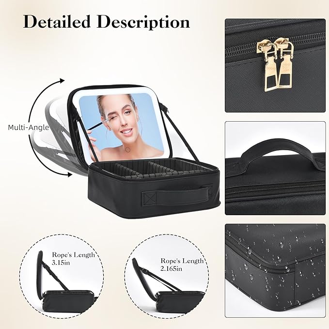 Yaliang Travel Makeup Bag with Mirror & 8 Adjustable EVA Dividers, Black