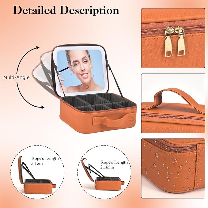 Yaliang Travel Makeup Bag with Mirror & 6 Adjustable EVA Dividers, Camel
