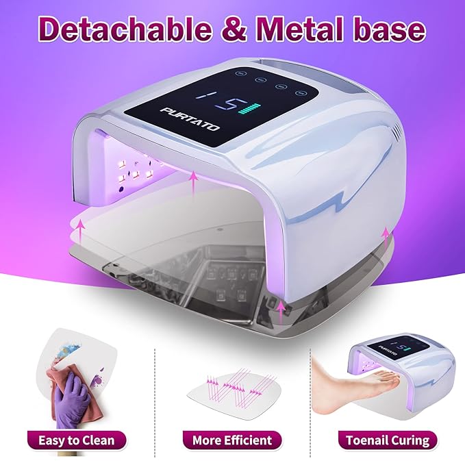 PURTATO Professional Rechargeable 96W UV LED Portable Cordless UV Light for Nail Lamp Machine with Removable Stainless Steel Bottom,4 Timer Setting and Smart Sensor Nail Dryer (Plating Silver)