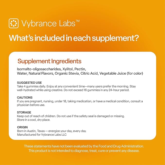 VYBRANCE LABS Creatine Monohydrate Gummies for Women | 5g per Serving, Sugar-Free | Taurine + Vitamin B12 | Strength, Energy & Focus Support | Vegan | Also for Men | Citrus Mango