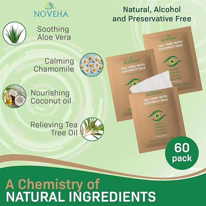 NOVEHA 180PCs Tea Tree & Coconut Oil Eyelid & Lash Wipes | For Demodex, Blepharitis & Itchy Eyes - Effective Eyelash Wipes With Aloe Vera, Natural Makeup Remover & Daily Eye Cleanser - (Pack of 3)